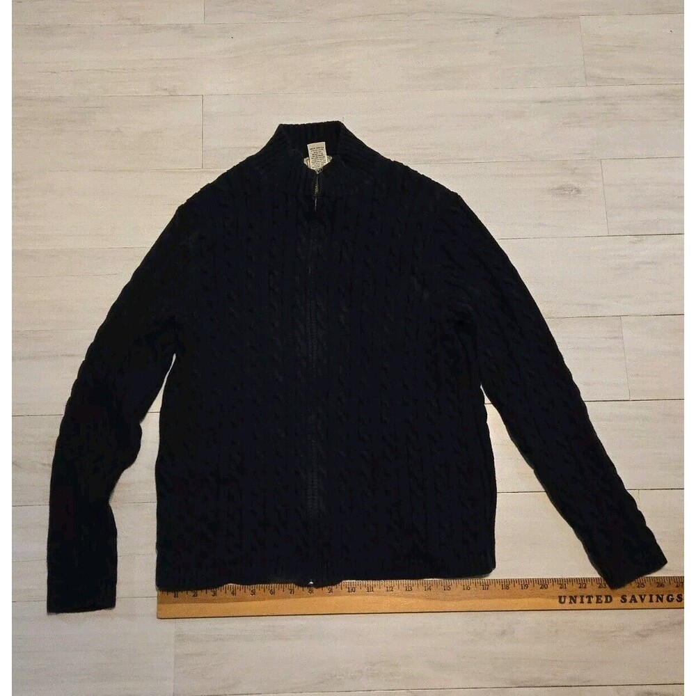 LL Bean Zip Up Cable Knit Mock Neck Sweater Black  100% Cotton XL